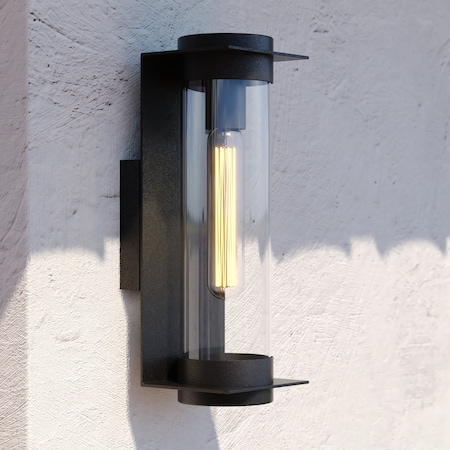 Vaxcel Brighton Light 14in H Black Contemporary In/Outdoor Wall Lantern Fixture with Cylinder Clear Glass T0711